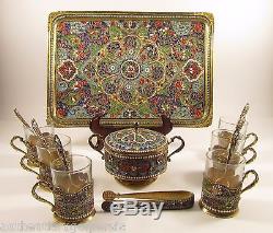 Antique Cloisonné Persian Émail Silver Tea Set Gilt Coupe Bol Plateau Cuillère Et Pinces