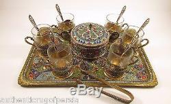Antique Cloisonné Persian Émail Silver Tea Set Gilt Coupe Bol Plateau Cuillère Et Pinces