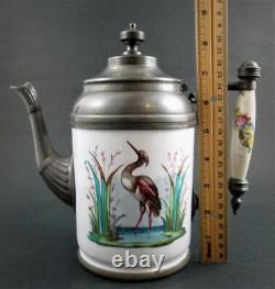 Antique Graniteware Émail 4pc Thé Coffee Set Heron Dans Les Ruches Poignées Florales