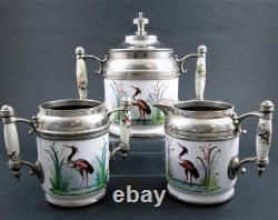 Antique Graniteware Émail 4pc Thé Coffee Set Heron Dans Les Ruches Poignées Florales