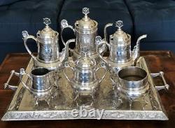 Antique Hartford Quadruple Silver 6 Pc Tea Set & Handled Taunton Tray Vers 1880
