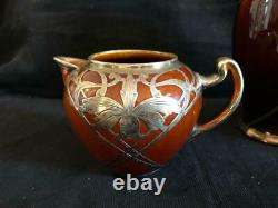Antique Lenox 3 Pièces Art Nouveau Silver Overlay Chocolate Brown Tea Set