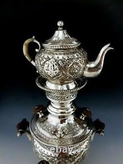 Antique Persan Style Moyen Orient Islamique Solide Argent Samovar Tea Set 1130g