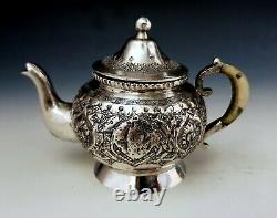 Antique Persan Style Moyen Orient Islamique Solide Argent Samovar Tea Set 1130g