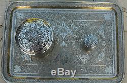Antique Qajar Rasht Persan Solid Silver Trey & Tea Caddy's Set Museum Qualité