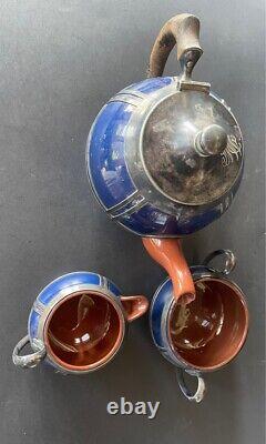 Antique Sarreguemines Terracotta Poterie Argent Encacé 3 Pcs Tea Set