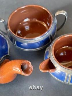 Antique Sarreguemines Terracotta Poterie Argent Encacé 3 Pcs Tea Set
