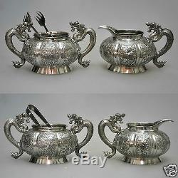 Antiquités Chinoise Chine Export Solid Silver Tea Set Pot Bowl Creamer 1880