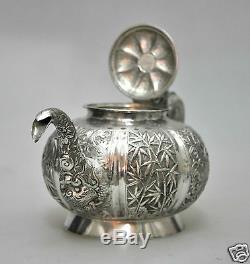 Antiquités Chinoise Chine Export Solid Silver Tea Set Pot Bowl Creamer 1880
