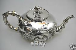 Antiquités Chinoises Chinoises Exportées En Argent Massif Teaset Teapot Bowl Creamer Wanghing