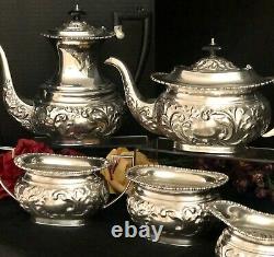 Ensemble De Thé Plaqué Argent Sheffield Antique Repousse Tilting Tea Pot 1920's 6 Pcs