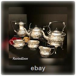 Ensemble De Thé Plaqué Argent Sheffield Antique Repousse Tilting Tea Pot 1920's 6 Pcs