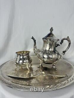 Ensemble à thé en métal argenté Vintage 4 pièces - Plateau, Bouilloire, Sucrier & Spatule