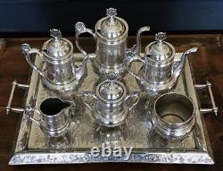 Ensemble à thé victorien 6 pièces HARTFORD #1401 en argent quadruple + plateau Taunton 24x18