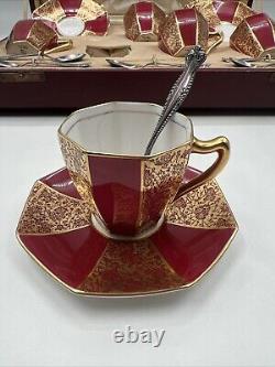 Ensemble de boîte à thé et café en porcelaine Royal Doulton Mappin & Webb. Cuillères en argent sterling.