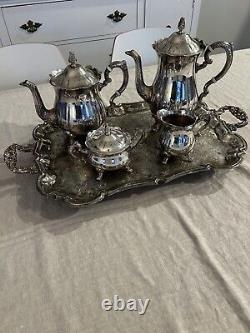 Ensemble de café et de thé en argent plaqué Leonard de grande taille avec crémier, sucrier et plateau vintage