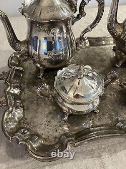 Ensemble de café et de thé en argent plaqué Leonard de grande taille avec crémier, sucrier et plateau vintage