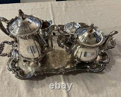 Ensemble de café et de thé en argent plaqué Leonard de grande taille avec crémier, sucrier et plateau vintage