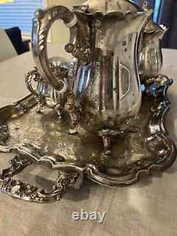 Ensemble de café et de thé en argent plaqué Leonard de grande taille avec crémier, sucrier et plateau vintage