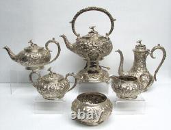 Ensemble de café et de thé en argent sterling repoussé Vintage Kirk & Sons de 6 pièces