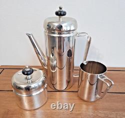 Ensemble de cafetière / théière en ligne géométrique en argent plaqué de style Art Déco MCM vintage