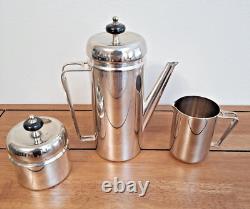 Ensemble de cafetière / théière en ligne géométrique en argent plaqué de style Art Déco MCM vintage