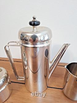 Ensemble de cafetière / théière en ligne géométrique en argent plaqué de style Art Déco MCM vintage