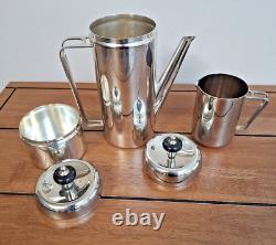 Ensemble de cafetière / théière en ligne géométrique en argent plaqué de style Art Déco MCM vintage