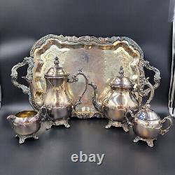 Ensemble de thé / café Vintage Ornate F B Rogers Silverplate de 4 pièces avec plateau à pieds