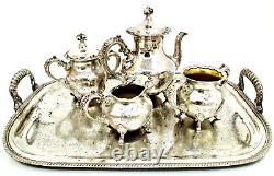 Ensemble de thé/café et plateau en argent ANTIQUE de la compagnie Van Bergh Silver Plate Co 486 de Rochester NY, comprenant 6 pièces.