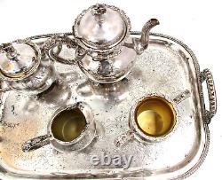 Ensemble de thé/café et plateau en argent ANTIQUE de la compagnie Van Bergh Silver Plate Co 486 de Rochester NY, comprenant 6 pièces.