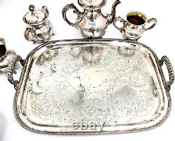 Ensemble de thé/café et plateau en argent ANTIQUE de la compagnie Van Bergh Silver Plate Co 486 de Rochester NY, comprenant 6 pièces.