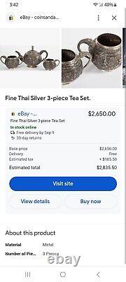 Ensemble de thé en argent fin thaïlandais en 3 pièces