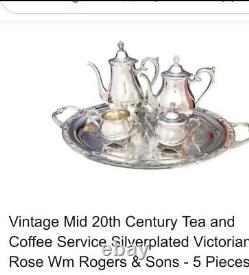 Ensemble de thé en argent plaqué 5 pièces de collection RARE de style Victorien Rose