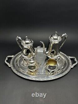 Ensemble de thé vintage en argent plaqué de 5 pièces ONEIDA Queen Bess II et plateau