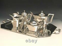 Fabuleux Art Déco 5 Pièce Sterling Silver Tea Set With Tray, Feisa Co. Mexique
