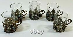 Fixation De 5 Antique Cloisonne Enamel Russian Tea Glass Titulaire Avec Tea Glass Mini