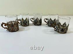 Fixation De 5 Antique Cloisonne Enamel Russian Tea Glass Titulaire Avec Tea Glass Mini