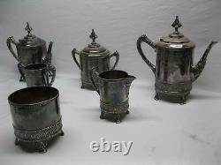 Meriden Victorian Esthétique Era Tea Set Oiseaux Feuilles Fancy Silver Plate Old Vtg
