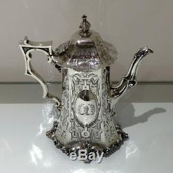 Milieu Du 19ème Siècle Antique Victorienne En Argent Sterling Four Piece Tea & Coffee Set