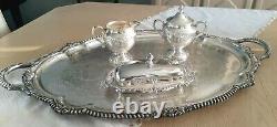 Nice Sheridan Argent Sur Cuivre Tea/coffepot Set & Énorme Plateau De Serveur Argenté