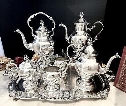 Old Silver Plate Tea Set Service De Café Avec Pot D'inclinaison / Bac Bsc 7 Pcs