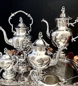 Old Silver Plate Tea Set Service De Café Avec Pot D'inclinaison / Bac Bsc 7 Pcs