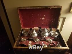 Plaque Argent Antique En Bois Originale Miniature Toy Box Doll Tea Set Teaset