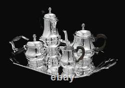 Puiforcat / Hermes Antique 5pc. 950 Sterling Silver Tea Set + Tray, 1850-1899