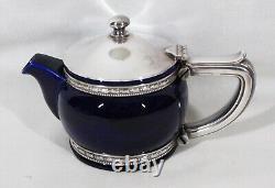 Rare! Théière Vintage Lenox Hotel des années 1930 en bleu marine + couvercle en argent plaqué Gorham