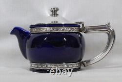 Rare! Théière Vintage Lenox Hotel des années 1930 en bleu marine + couvercle en argent plaqué Gorham