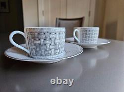 Service à thé Hermes Art Déco en mosaïque argent/gris 2 x tasses + soucoupes, boîte, complet