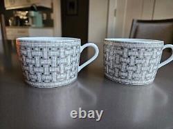 Service à thé Hermes Art Déco en mosaïque argent/gris 2 x tasses + soucoupes, boîte, complet