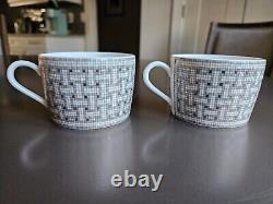 Service à thé Hermes Art Déco en mosaïque argent/gris 2 x tasses + soucoupes, boîte, complet